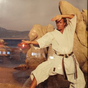 Professeur de karaté exécutant un mouvement technique dans le dojo.