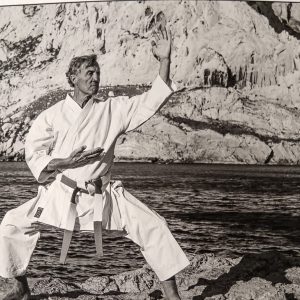 Professeur de karaté exécutant un mouvement technique dans le dojo.