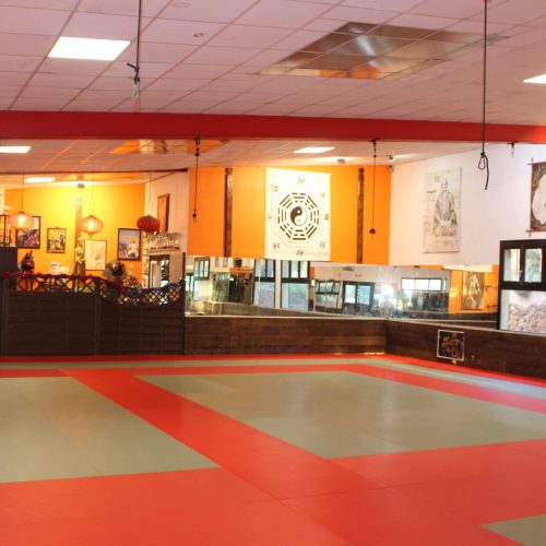 Vue panoramique de l'intérieur du dojo de Vitrolles, avec une grande surface de tatami et des décorations murales.