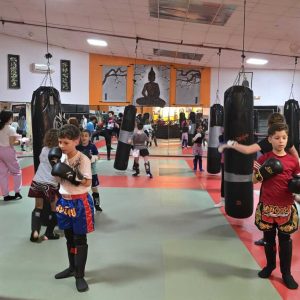 Des élèves pratiquant la boxe au dojo de Vitrolles, concentrés sur leur entraînement.